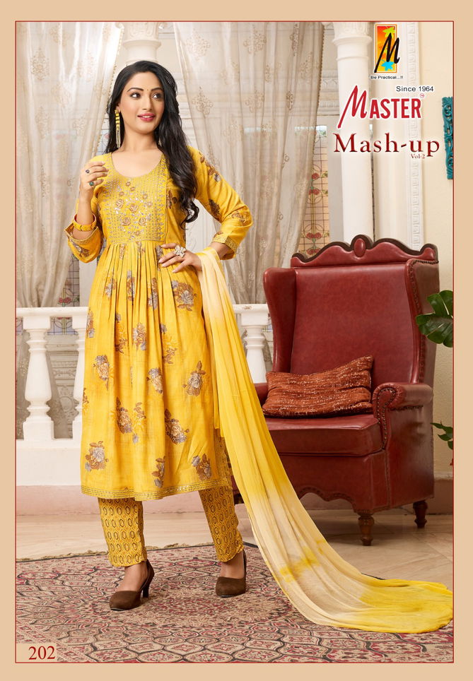 Mash Up Vol 2 By Master Naira Cut Rayon Printed Kurti With Bottom Dupatta Wholesale Online
